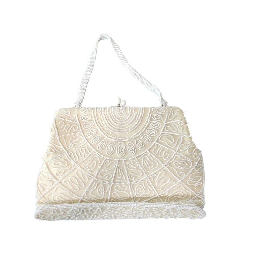 Vintage Walborg Belgium Hand Beaded White Evening Bag Purse Mid Century
